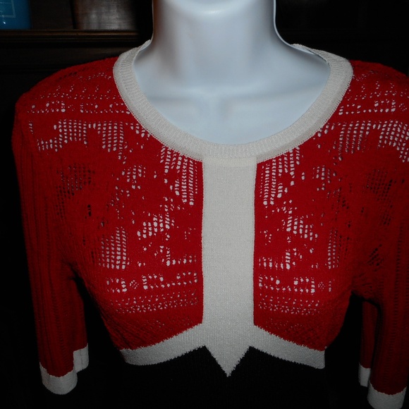 2/$15 Black, red, white open knit sweater, Small - Picture 2 of 6